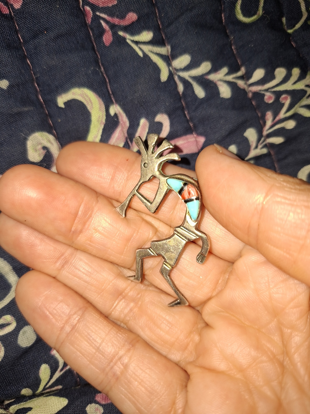 American Vintage Kokopelli Pendant with Turquoise & Coral Inlay